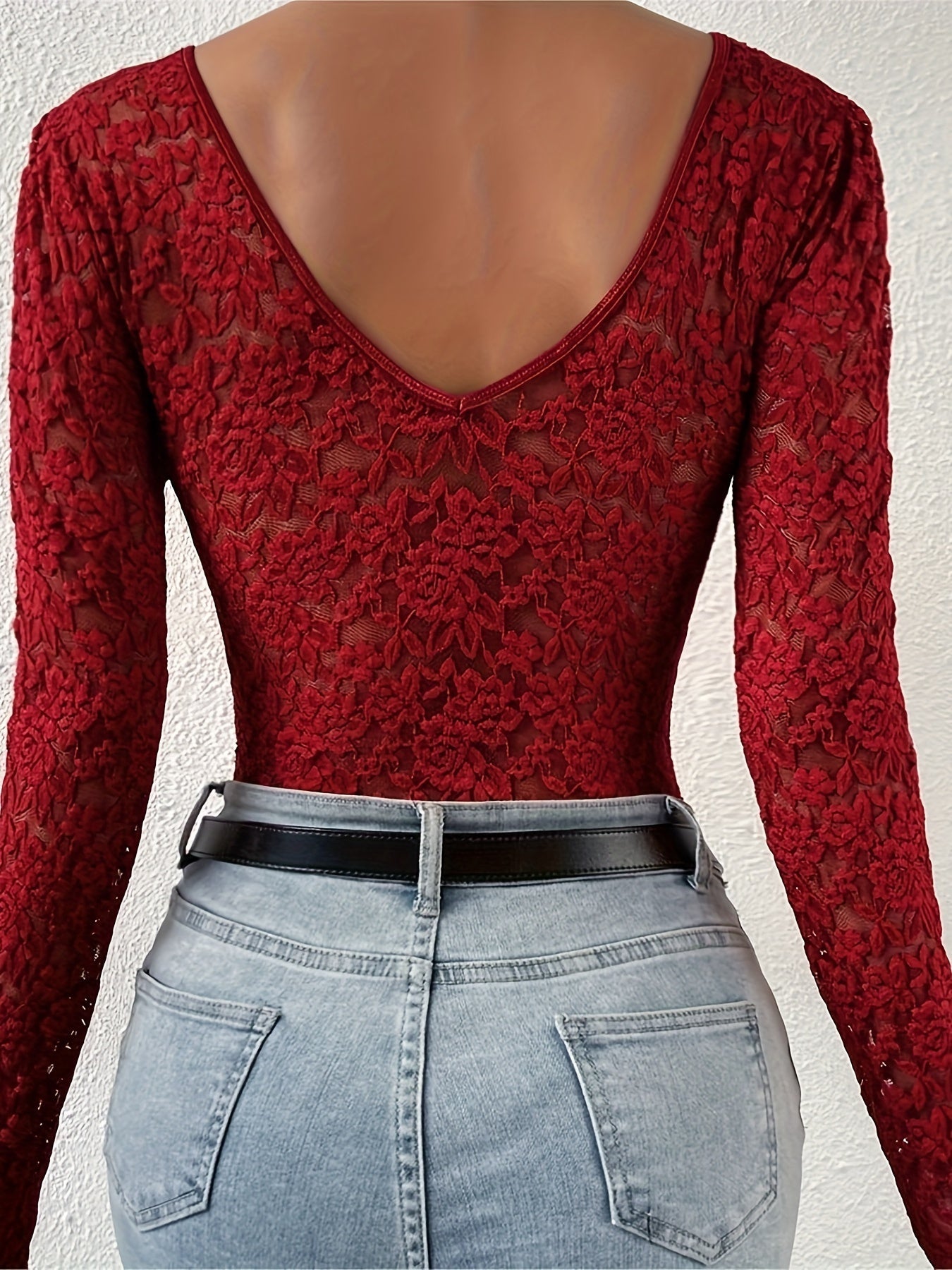 Emma | Sexy, elegant, semi-sheer bodysuit with lace scallop trim and long sleeves