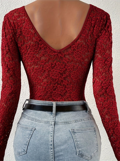 Emma | Sexy, elegant, semi-sheer bodysuit with lace scallop trim and long sleeves