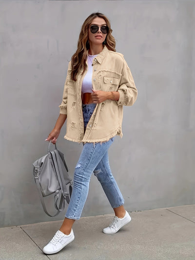 Mara | Plus size denim jas met gescheurde ruwe zoom