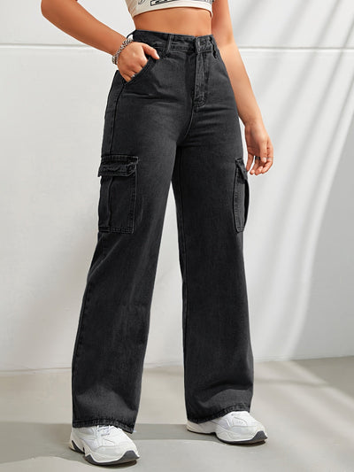 Noa | Casual denim cargobroek met wijde pijpen en hoge taille