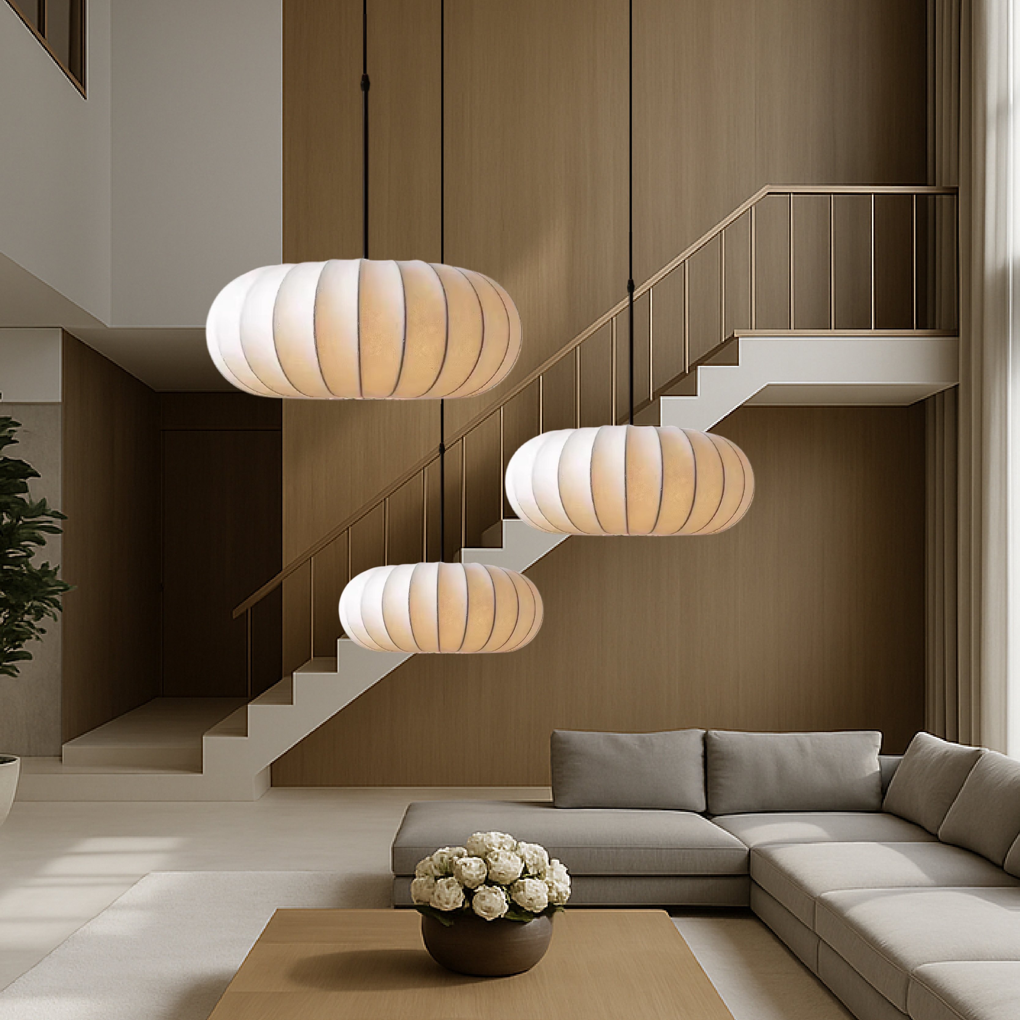 Dinam - Scandi Oval Pendant Light Fabric Shade Dining Lamp
