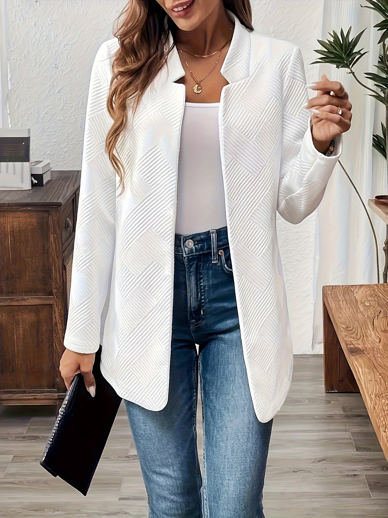 Emma | Plain textured open-front blazer with long sleeves