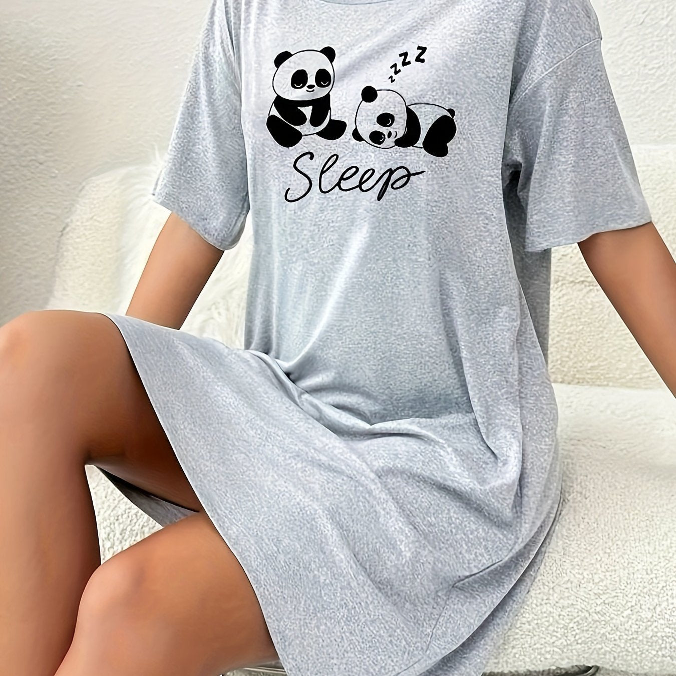 Nina | Schattig panda- en letterprint nachthemd met korte mouw en ronde hals
