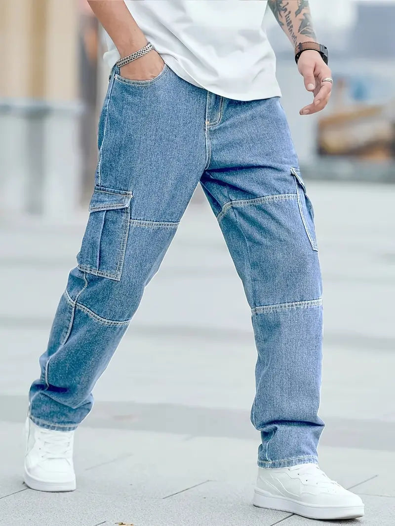Katoenmix, multi-pocket, all-season denim in diepblauw