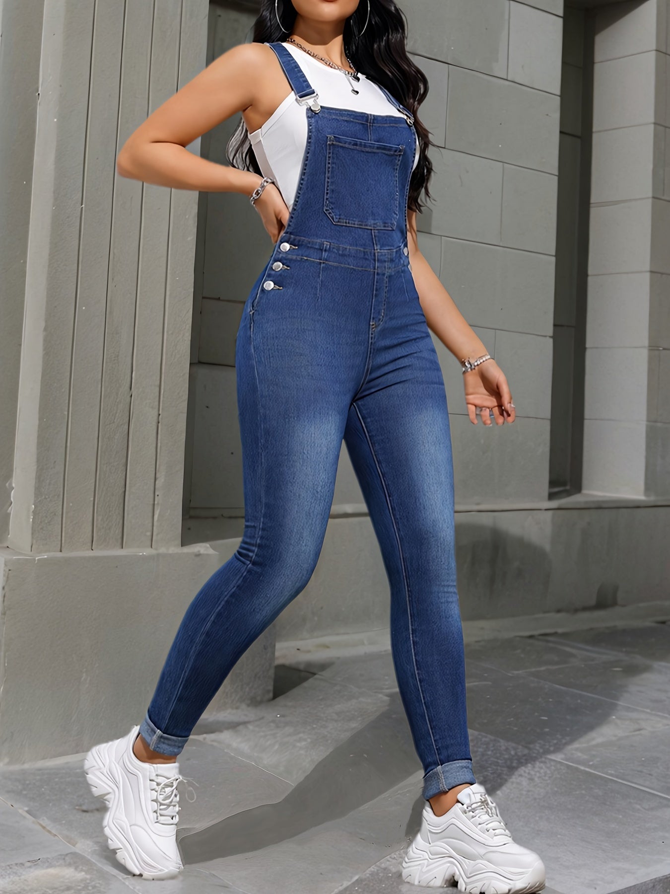 Lara | Plain washed blue skinny fit denim overalls