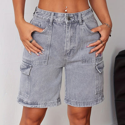 Eva | Fashionable gray denim cargo shorts with a high waist