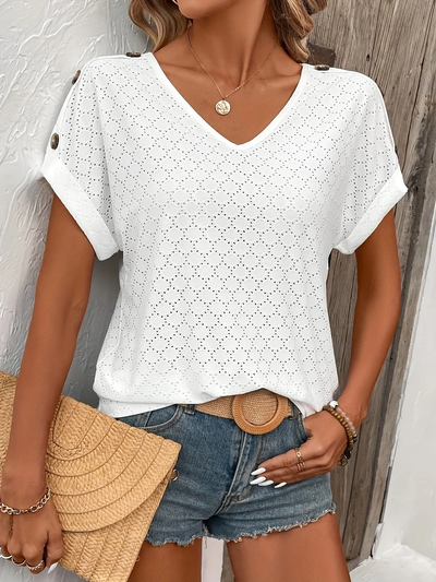Lace Summer Top for Women with V-Neck – Airy Top with Buttons on Shoulder