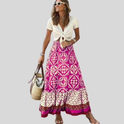 Juliana - Maxi skirt with ethnic pattern and ruffled hem