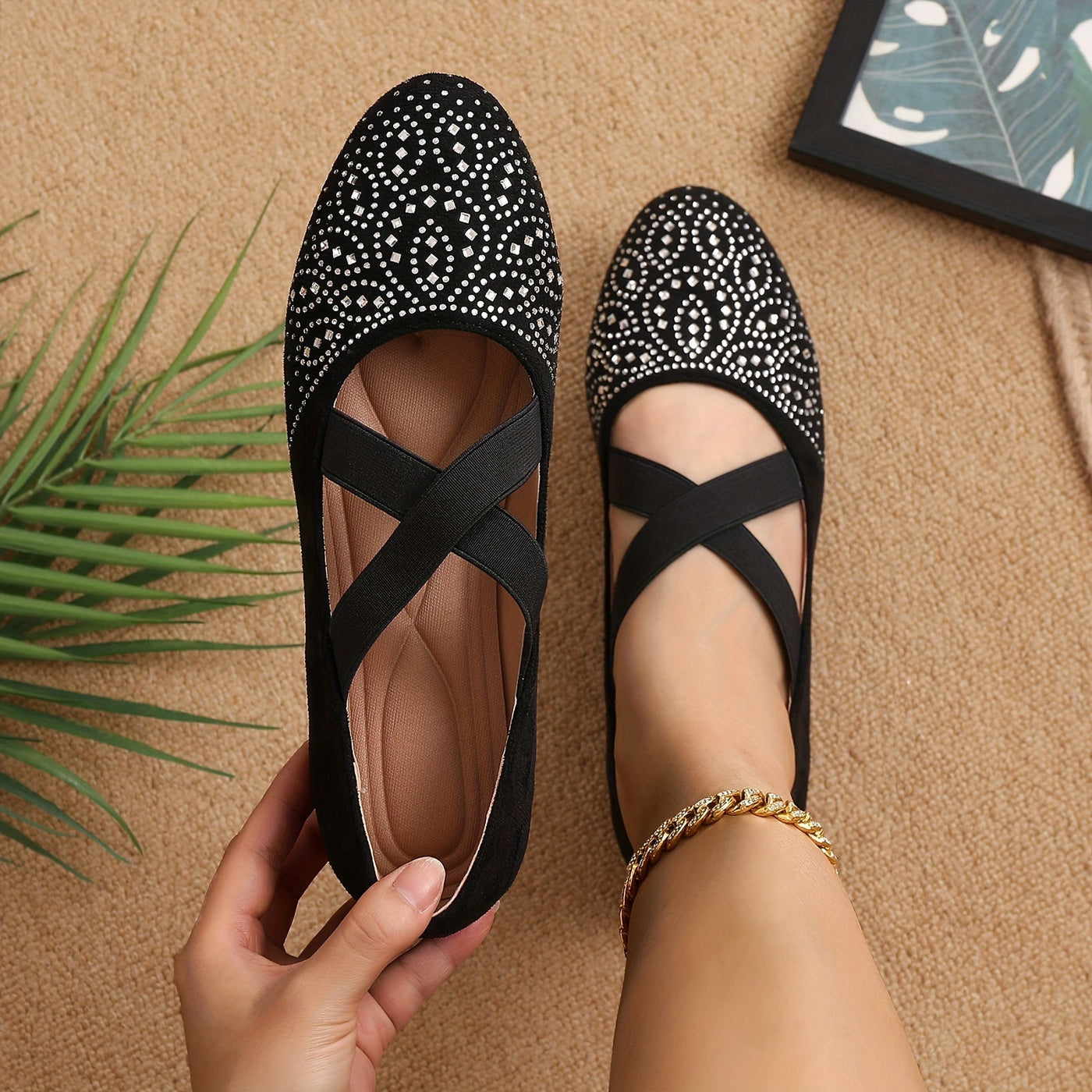 Elise | Rhinestone decor ballet flats with elastic cross strap