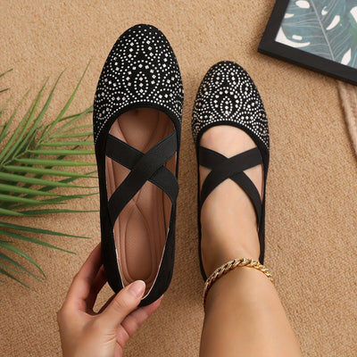 Elise | Rhinestone decor ballet flats with elastic cross strap