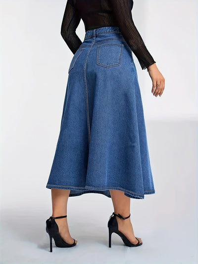 Femke | Hoge elastische denim midi rok met zakken