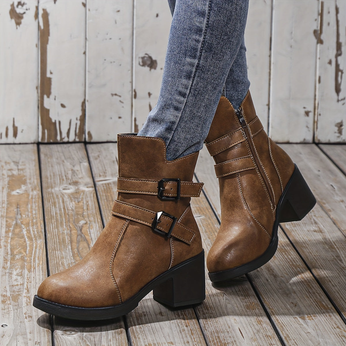 Eva | Solid color chunky heel ankle boots with side zipper