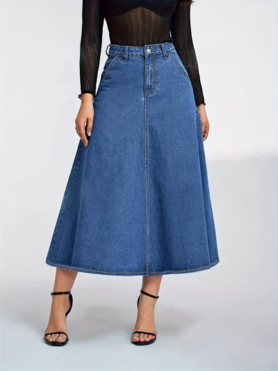 Femke | Hoge elastische denim midi rok met zakken