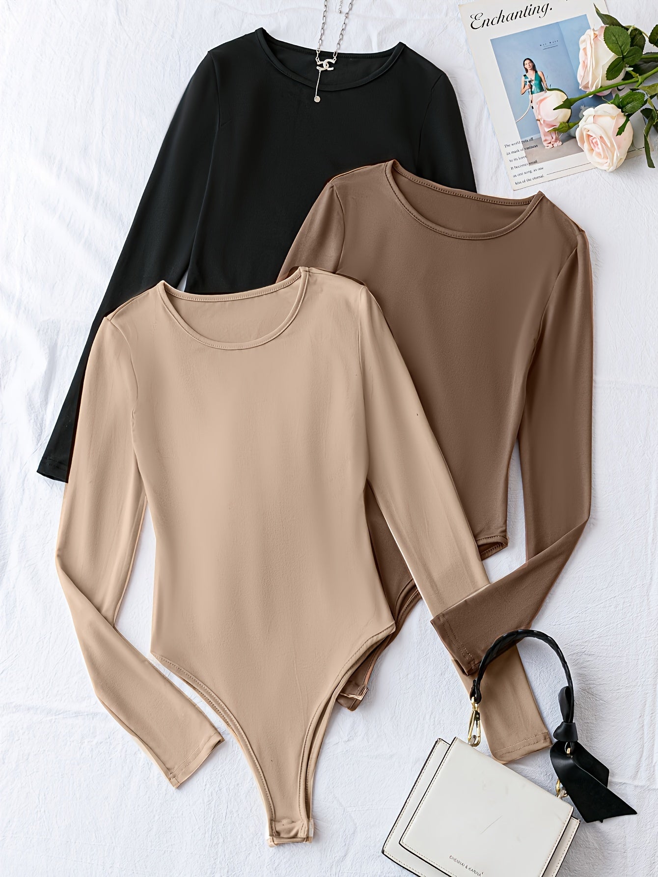 Nina | Set van 3 casual bodysuits met lange mouw en ronde hals