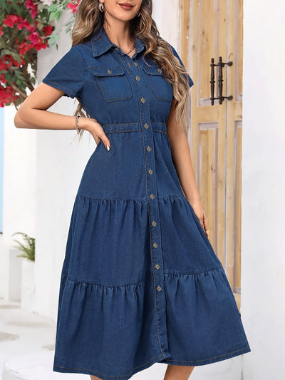 Lara | Effen gewassen blauwe midi denim jurk