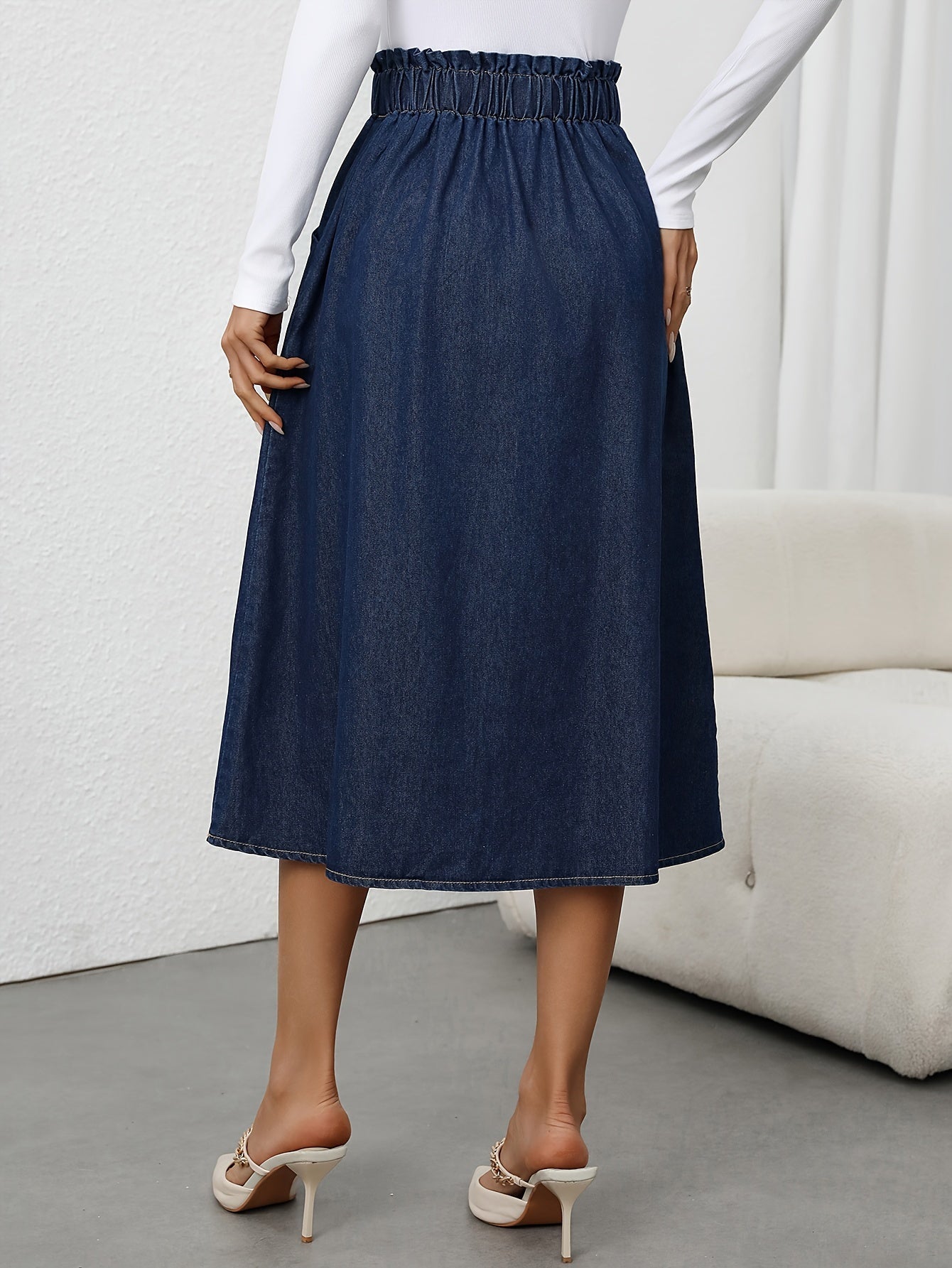 Fleur | High-waisted denim A-line midi skirt with button closure