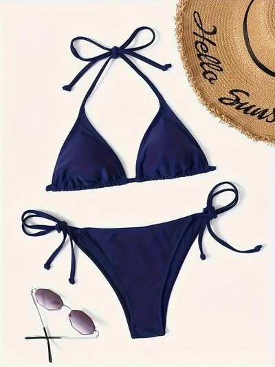 Naomi | Donkerblauwe sexy bikini set met halter V-hals en blote rug