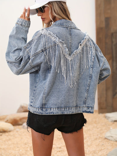 Lara | Light blue denim jacket with sequins and button closure