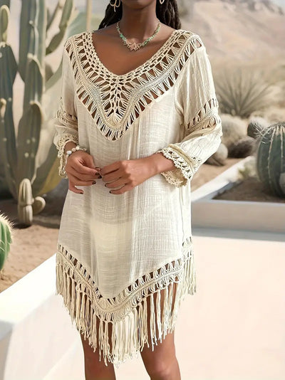 Arielle - boho strandjurk met macramé franjes en V-hals