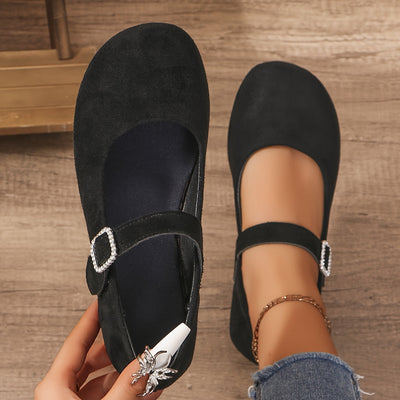 Luna | Women's solid-color ballet flats with rhinestone buckle closure