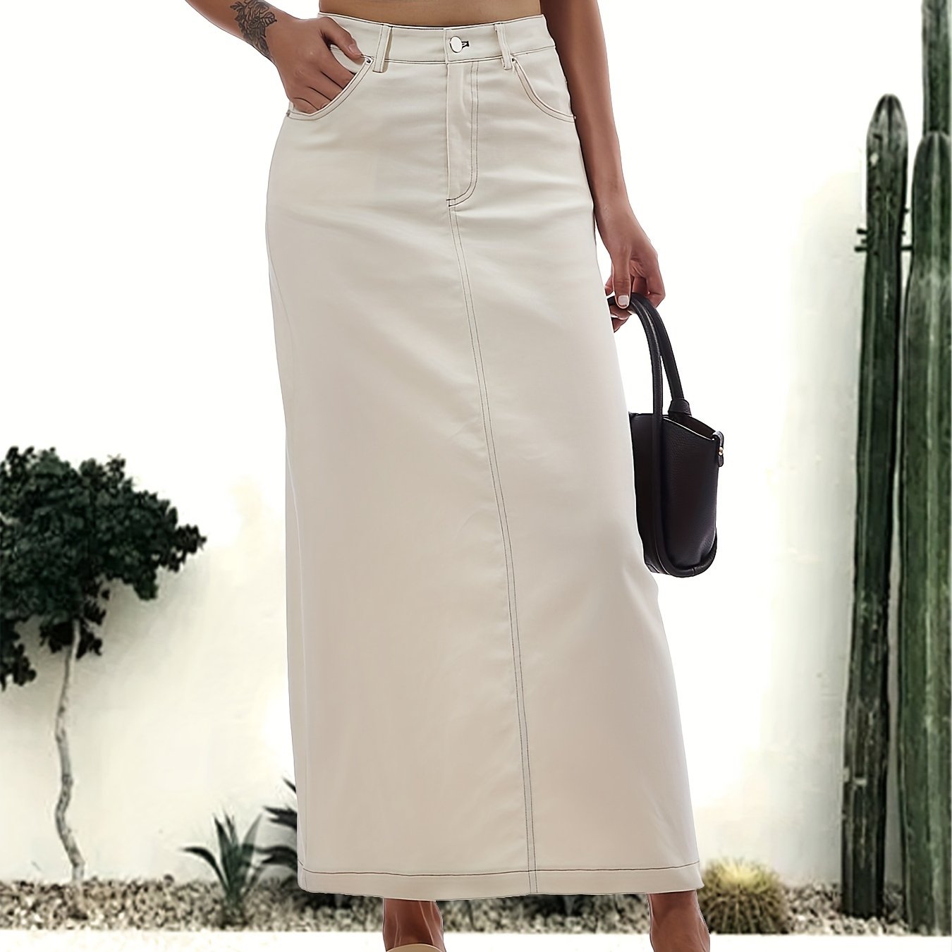 Emma | Plain white split back hem casual maxi denim skirt