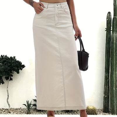 Emma | Plain white split back hem casual maxi denim skirt