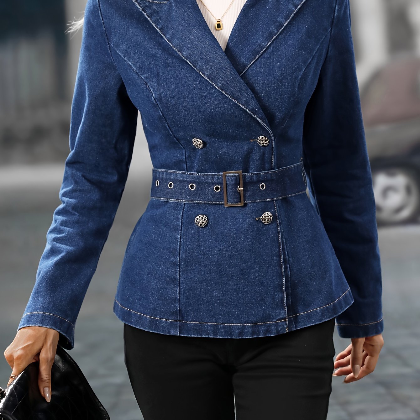 Elise | Adjustable denim jacket in dark washed blue