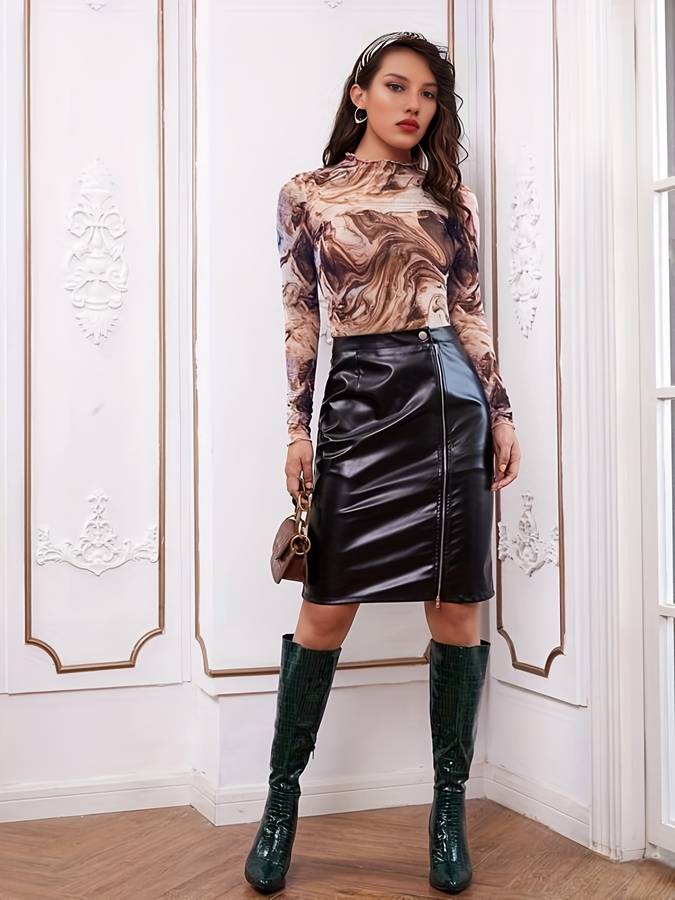 Fenne | Mesh top met lange mouwen in marmer print