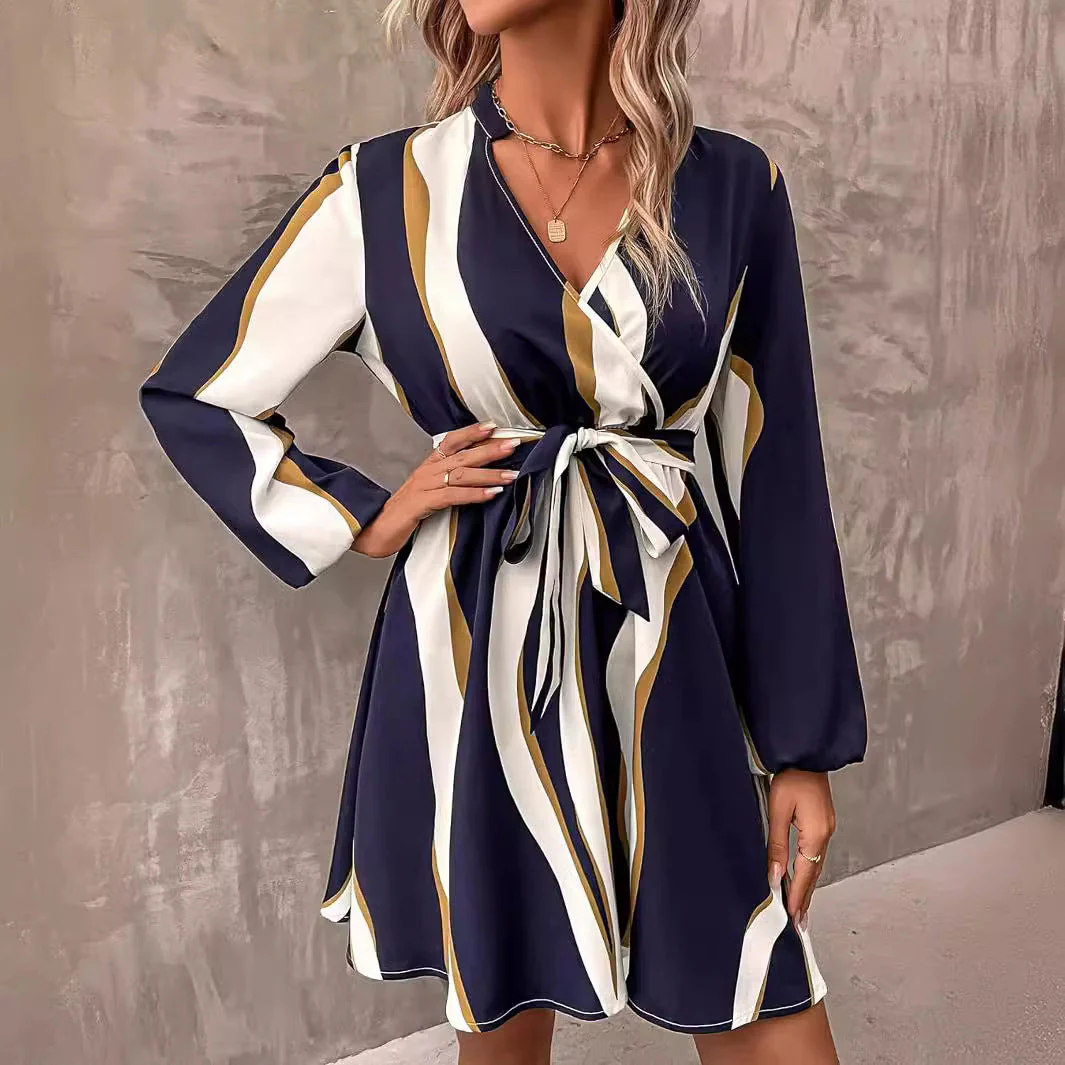 Wikkeljurk Dames – Korte Jurk met Lange Mouwen en Grafisch Printdesign