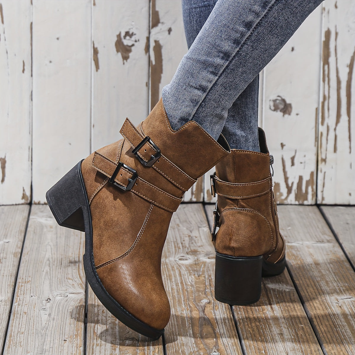 Eva | Solid color chunky heel ankle boots with side zipper