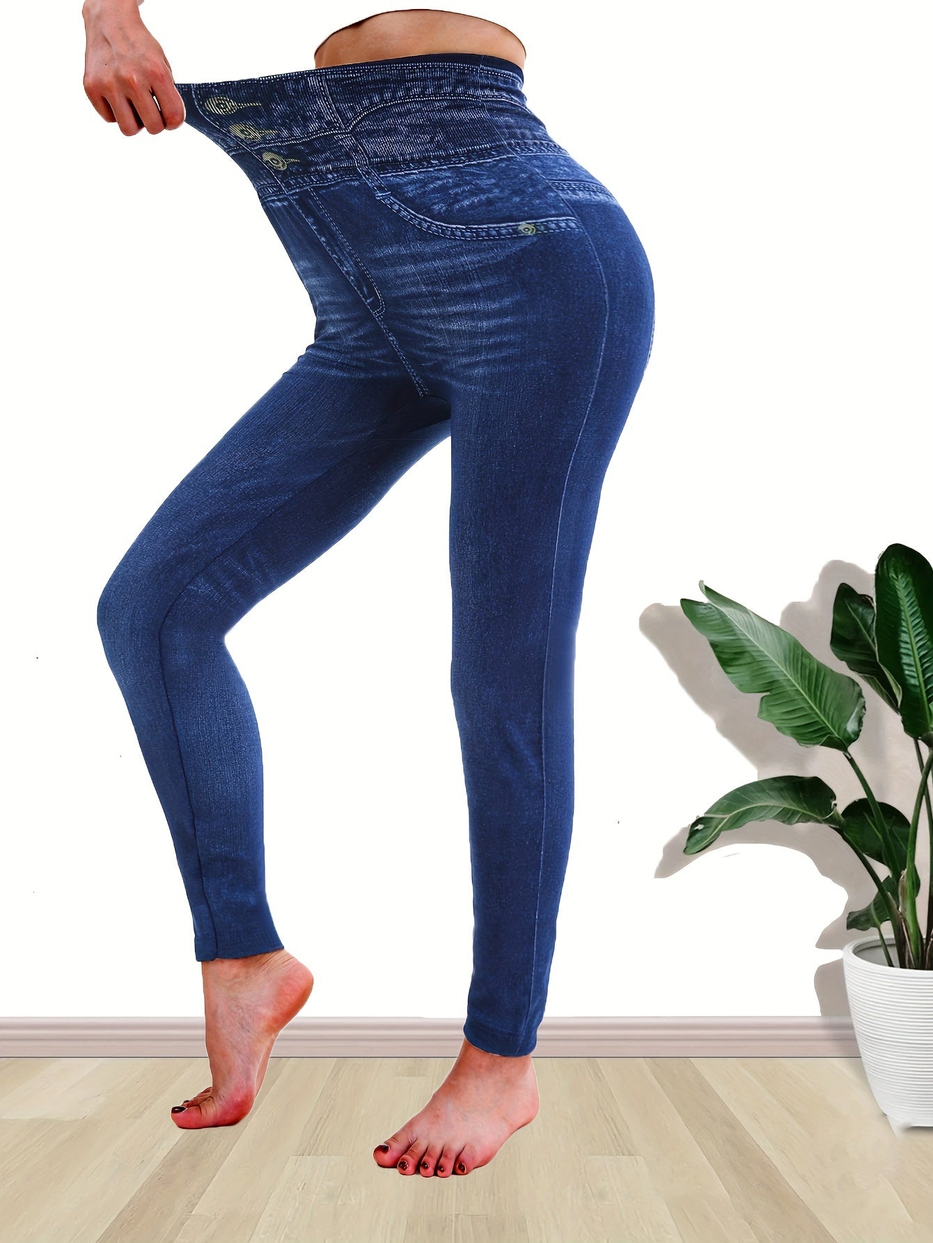 Nora | Vrouwen high-waisted stretch jegging leggings met faux zakken en gestreept geblokt patroon