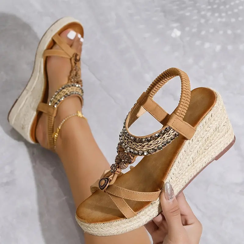 Loretta - Women's sandals with rhinestone decoration and wedge heel