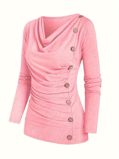 Jasmine | Plain knitted turtleneck sweater with ruffles and buttons