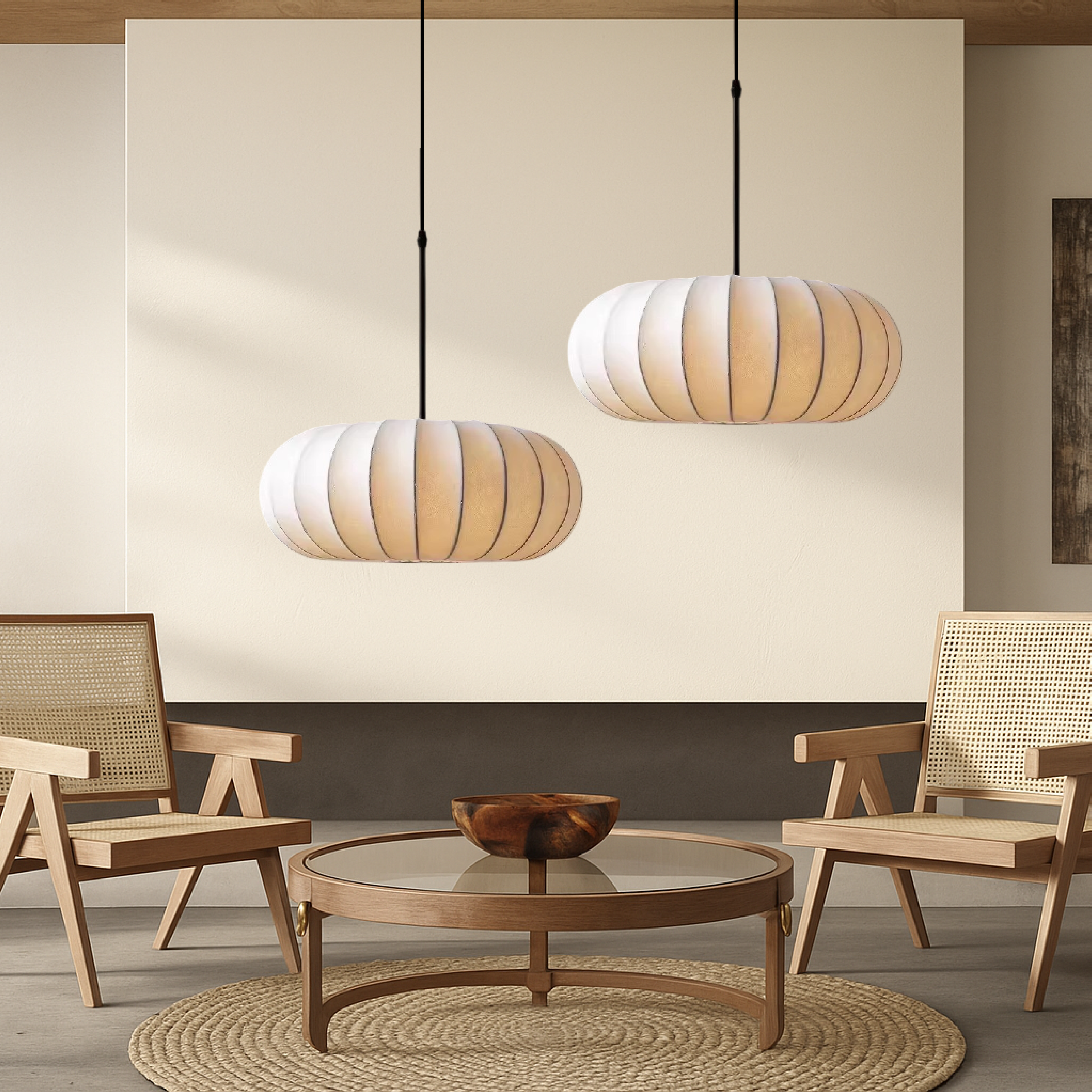 Dinam - Scandi Oval Pendant Light Fabric Shade Dining Lamp