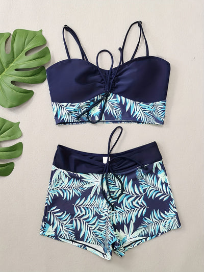Noa | Twee-delige bikini set met bladprint en boyshorts