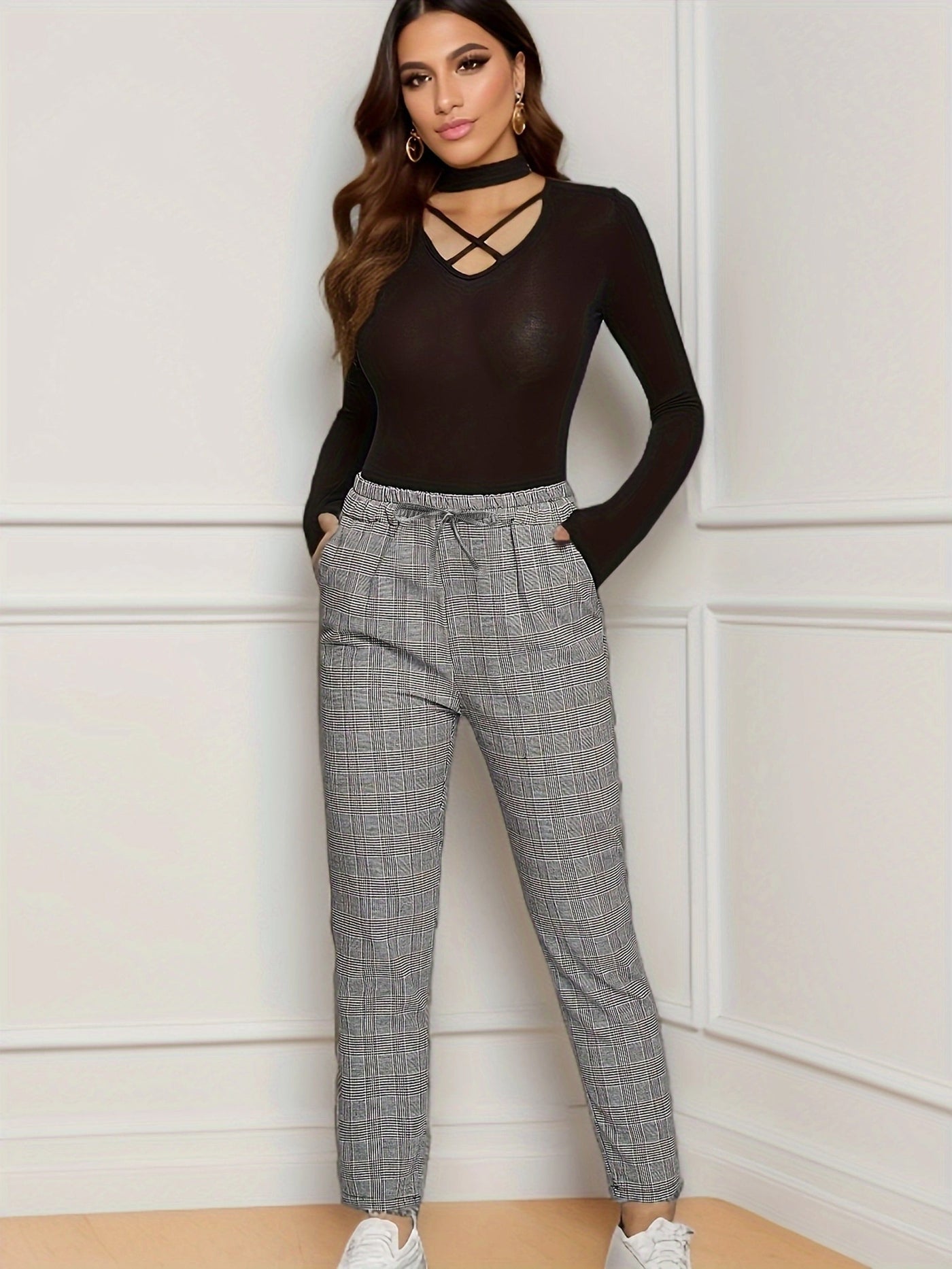 Jasmine | Checked print trousers with a tie belt