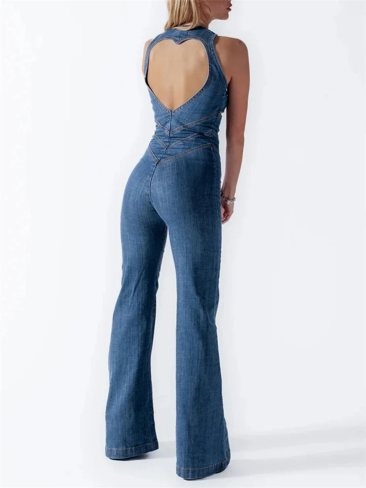 Denim Jumpsuit Women – Sleeveless with Open Back and Flared Legs