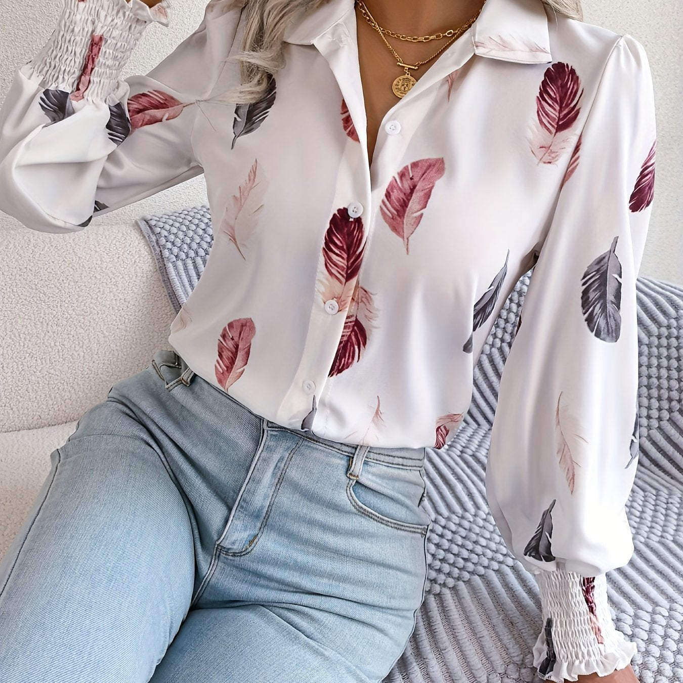 Lotte | Casual shirt with feather print and lantern sleeves