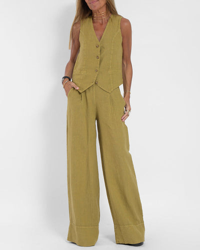 GRACEY | Elegant linen cardigan and wide-leg pants set