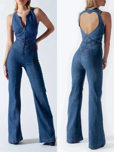 Denim Jumpsuit Women – Sleeveless with Open Back and Flared Legs