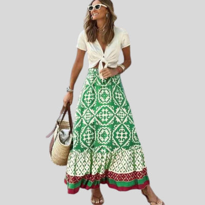 Juliana - Maxi skirt with ethnic pattern and ruffled hem