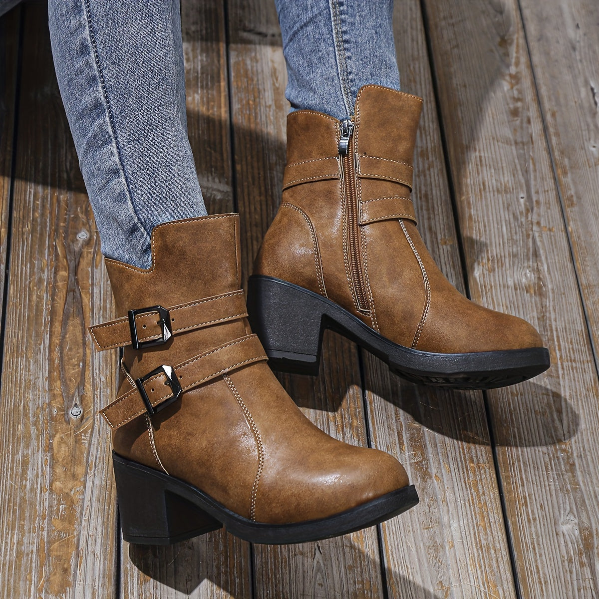 Eva | Solid color chunky heel ankle boots with side zipper