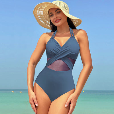 One-piece swimsuit summer solid color cross strap 
