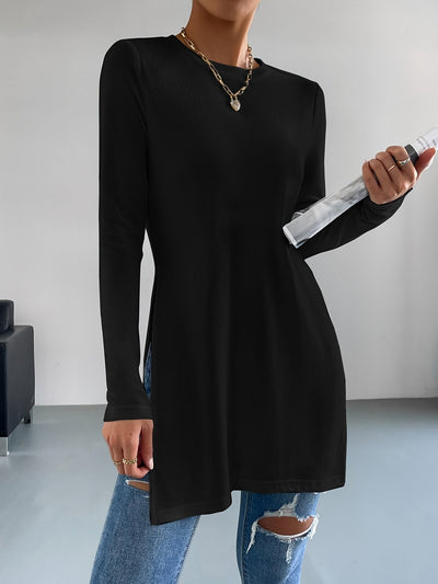 Nina | Stijlvol effen kleur t-shirt met lange mouw en zijsplit