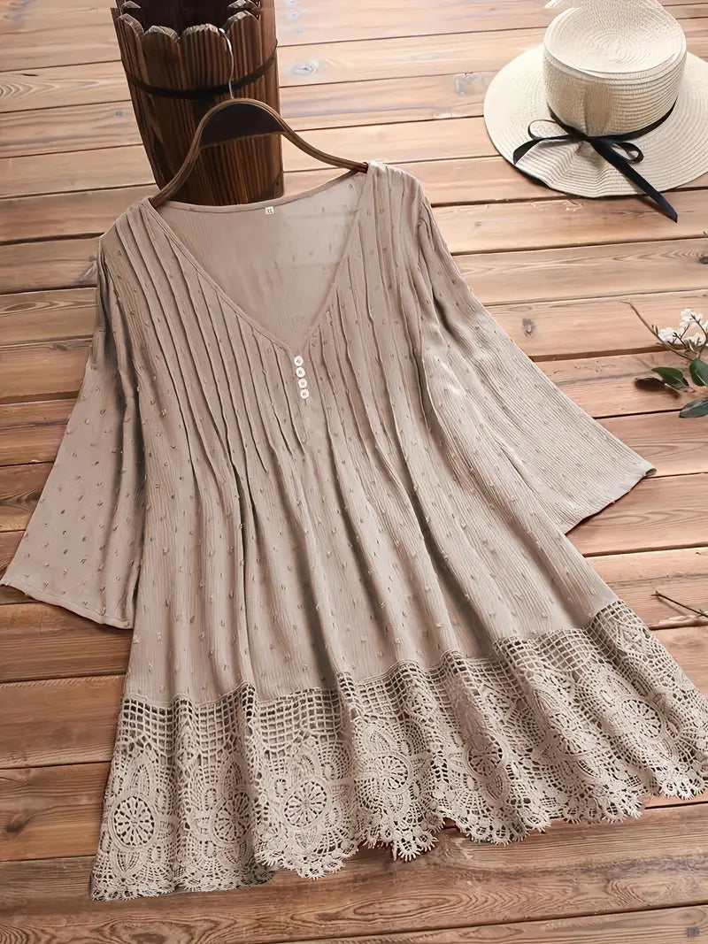 Koemi - Vintage Blouse with Ruffles and V-Neck