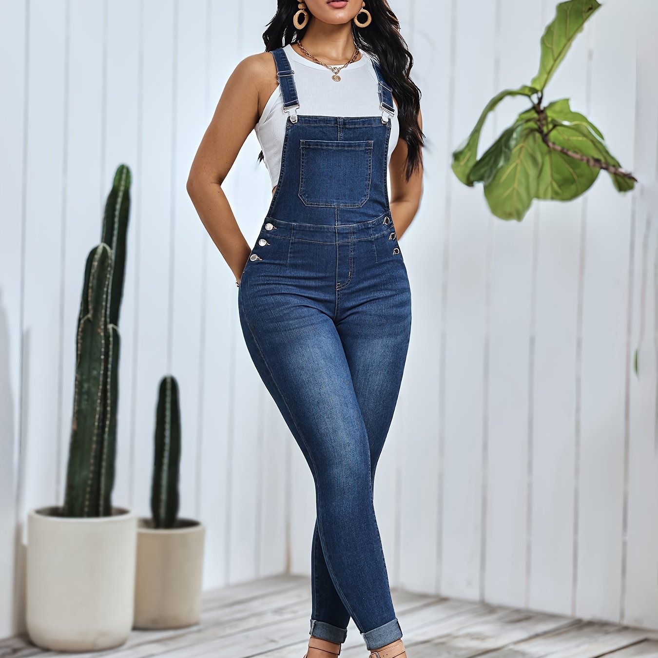 Emma | Women's skinny fit denim overalls in mid-blue washed