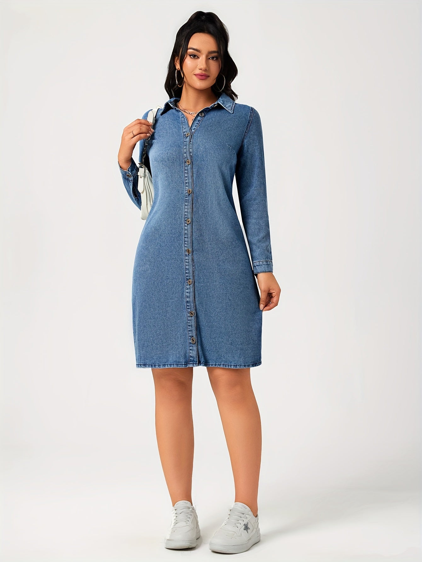 Sophie | Eenvoudige blauwe denim jurk met lange mouw