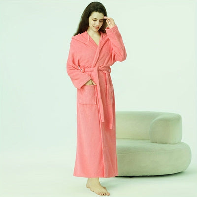 Nina | Zachte koraal fleece badjas met kapuchon en zakken