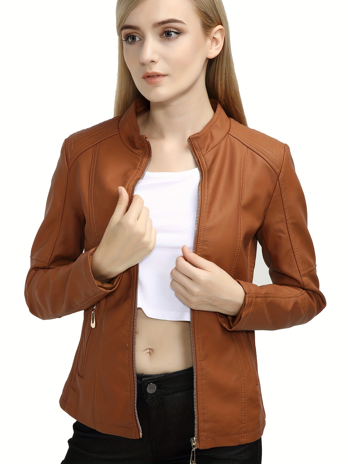 Elise | Women's plus size casual faux leather jacket with zip and lapel collar