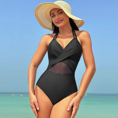 One-piece swimsuit summer solid color cross strap 